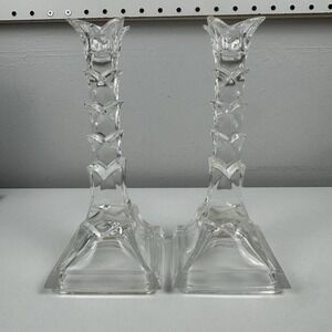 Vtg 1980s Crystal Clear Lead Crystal Candlesticks Pair USA Art Deco Style‎